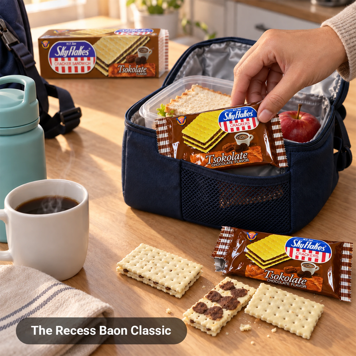 Parent packing M.Y. San SkyFlakes Chocolate Sandwich crackers into a child's lunch bag as school baon