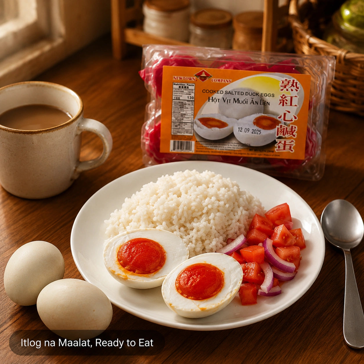 A package of cooked salted duck eggs sits on a wooden table behind a plated meal showing salted duck eggs, white rice, tomatoes, and onions. A coffee cup is on the left and a spoon is on the right.