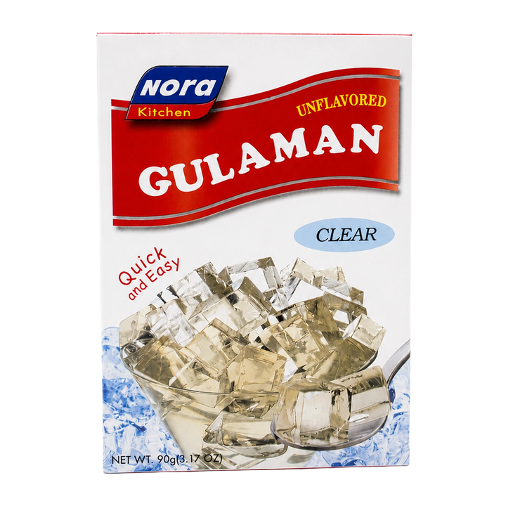 Front view of Nora Kitchen Unflavored Gulaman Clear jelly powder mix in a 90 g box. The package features the Nora Kitchen logo, a red "Gulaman" banner, "Clear" label, and a bowl of clear jelly cubes on a bright white background.