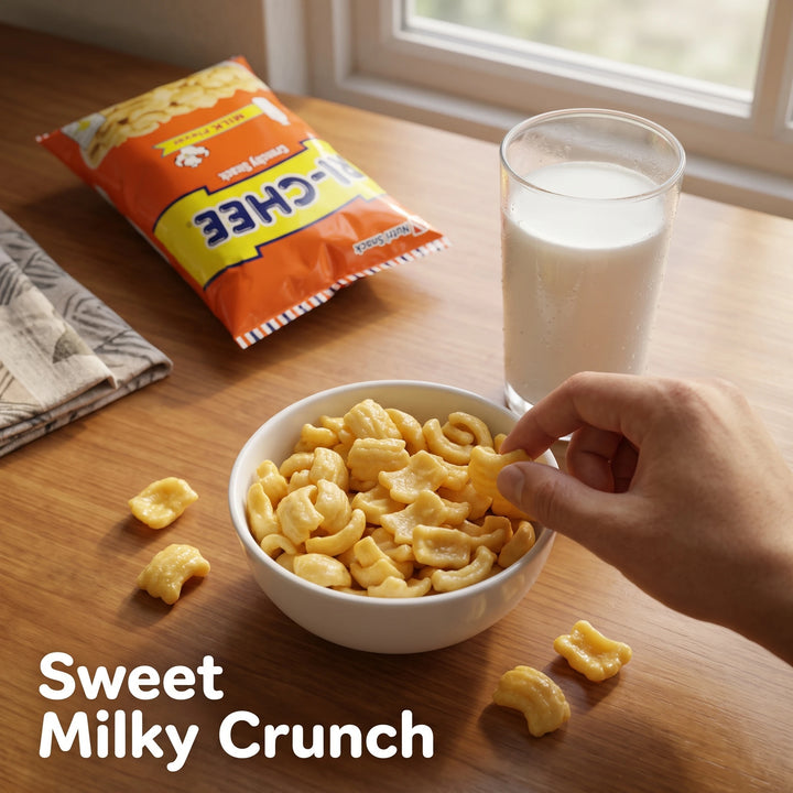 A bowl of Ri-chee Crunchy Snack with a hand reaching for a piece, next to a glass of milk and a pack of Ri-chee on a wooden table.