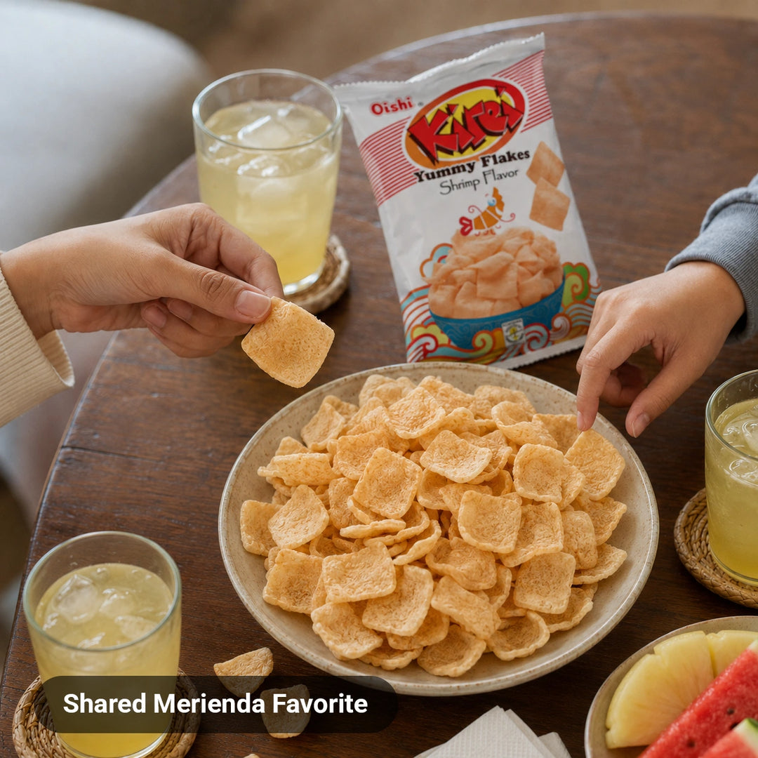 Bowl of Oishi Kirei Yummy Flakes Shrimp Flavor shared at a table with drinks, Shared Merienda Favorite