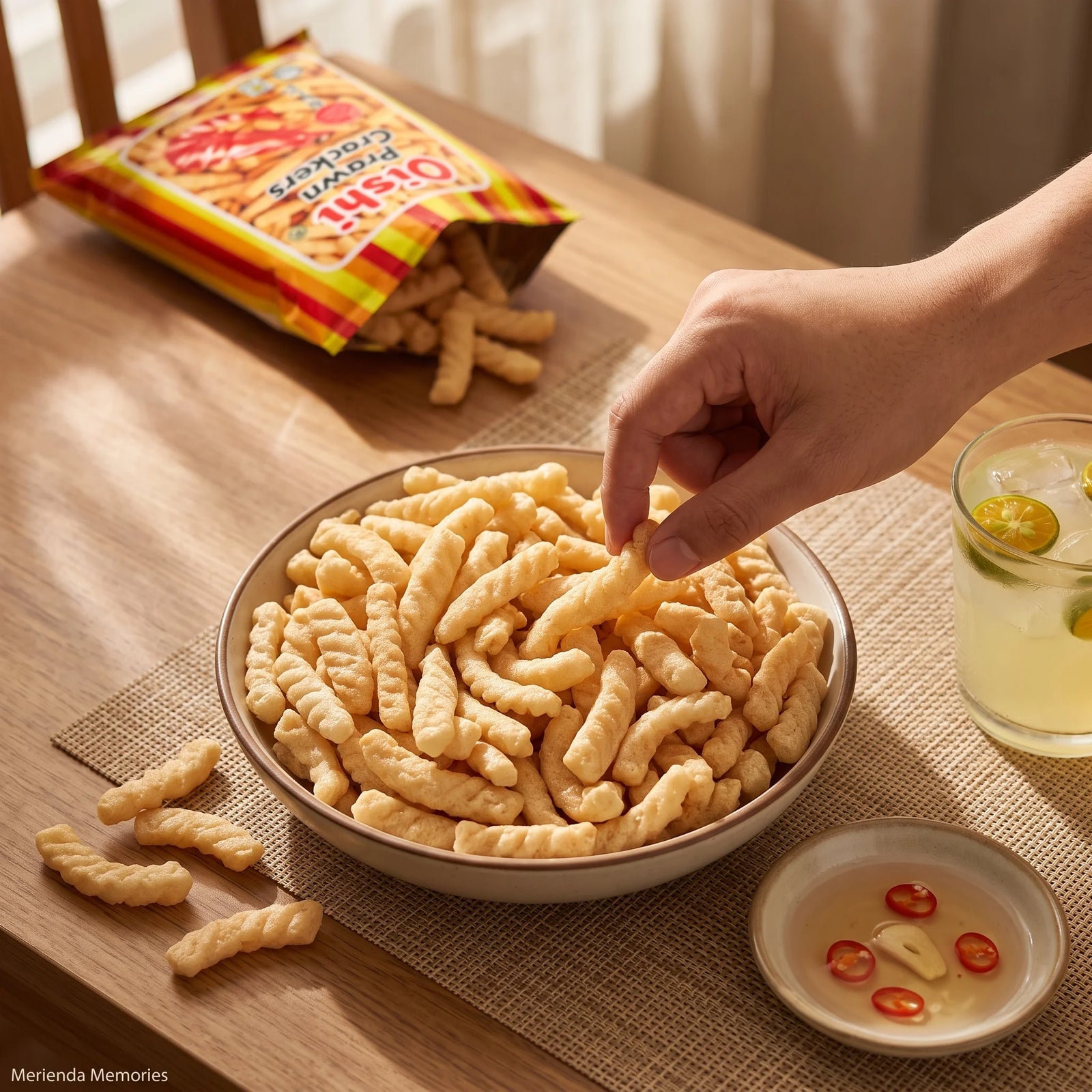 Hand reaching for Oishi Prawn Crackers in a bowl, served with a spiced vinegar dip and calamansi drink
