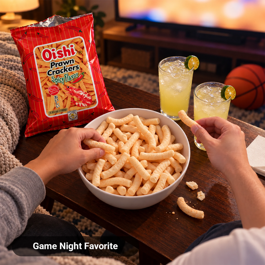 Family sharing a bowl of Oishi Prawn Crackers Spicy Flavor while watching a basketball game at home