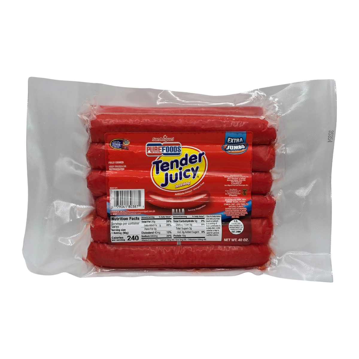 Purefoods Tender Juicy Hotdog Regular (EXTRA JUMBO) - 40oz on a transparent background