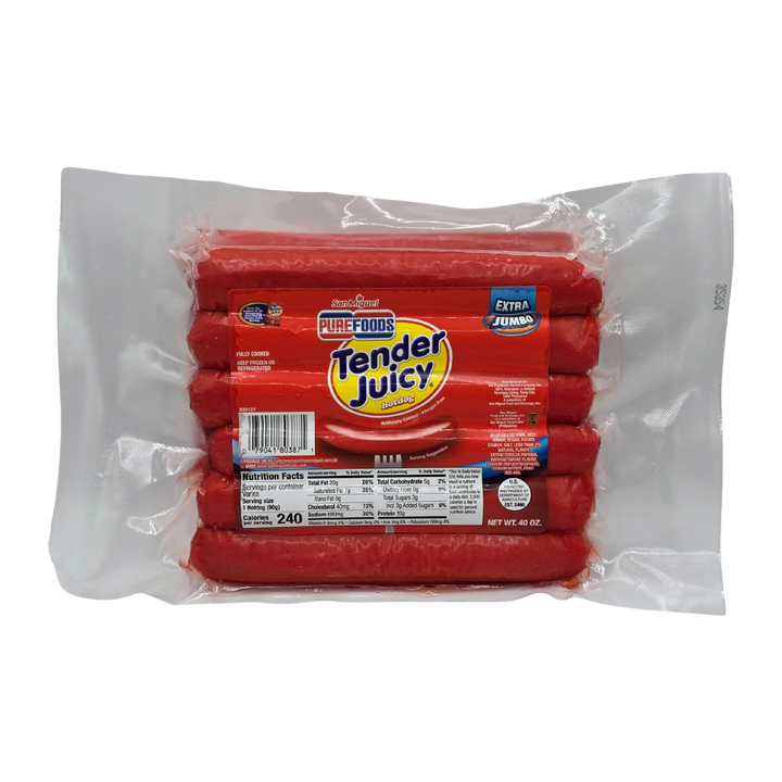 Purefoods Tender Juicy Hotdog Regular (EXTRA JUMBO) - 40oz on a transparent background