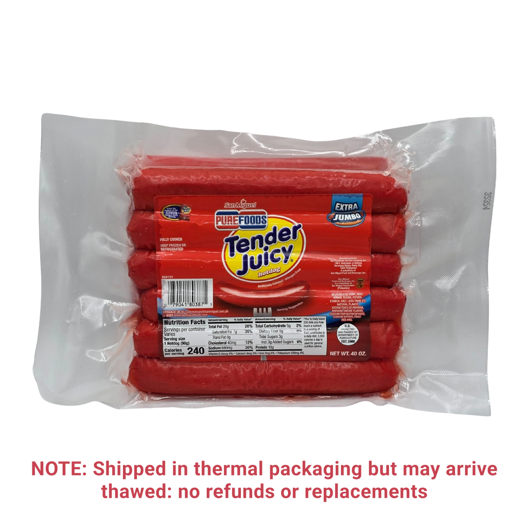 Purefoods Tender Juicy Hotdog Regular (EXTRA JUMBO) - 40oz on a transparent background