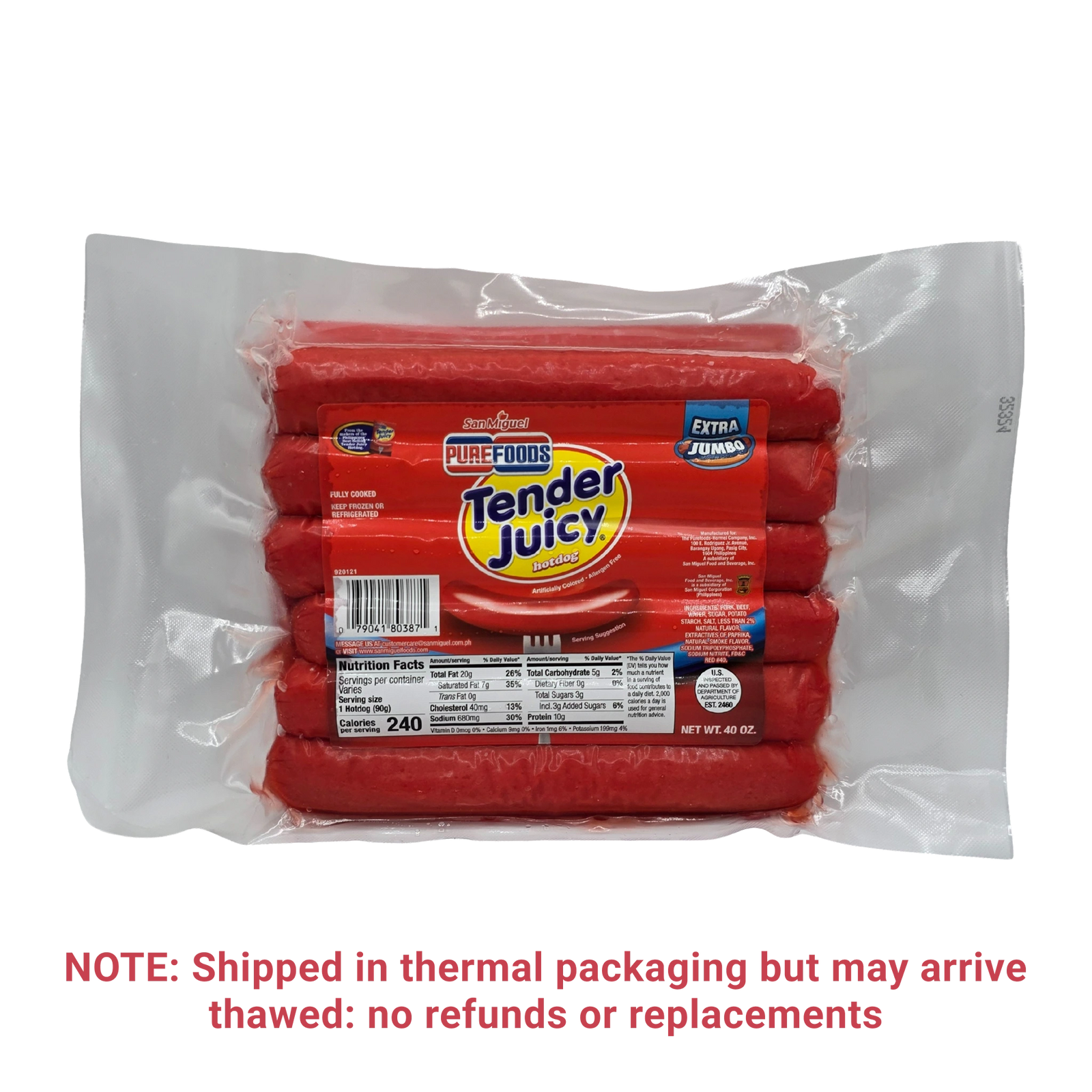 Purefoods Tender Juicy Hotdog Regular (EXTRA JUMBO) - 40oz on a transparent background