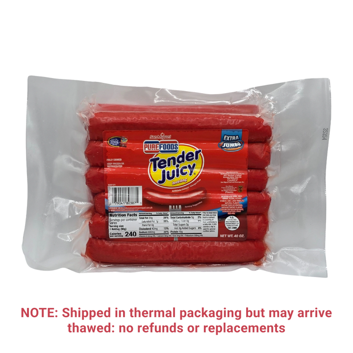 Purefoods Tender Juicy Hotdog Regular (EXTRA JUMBO) - 40oz on a transparent background