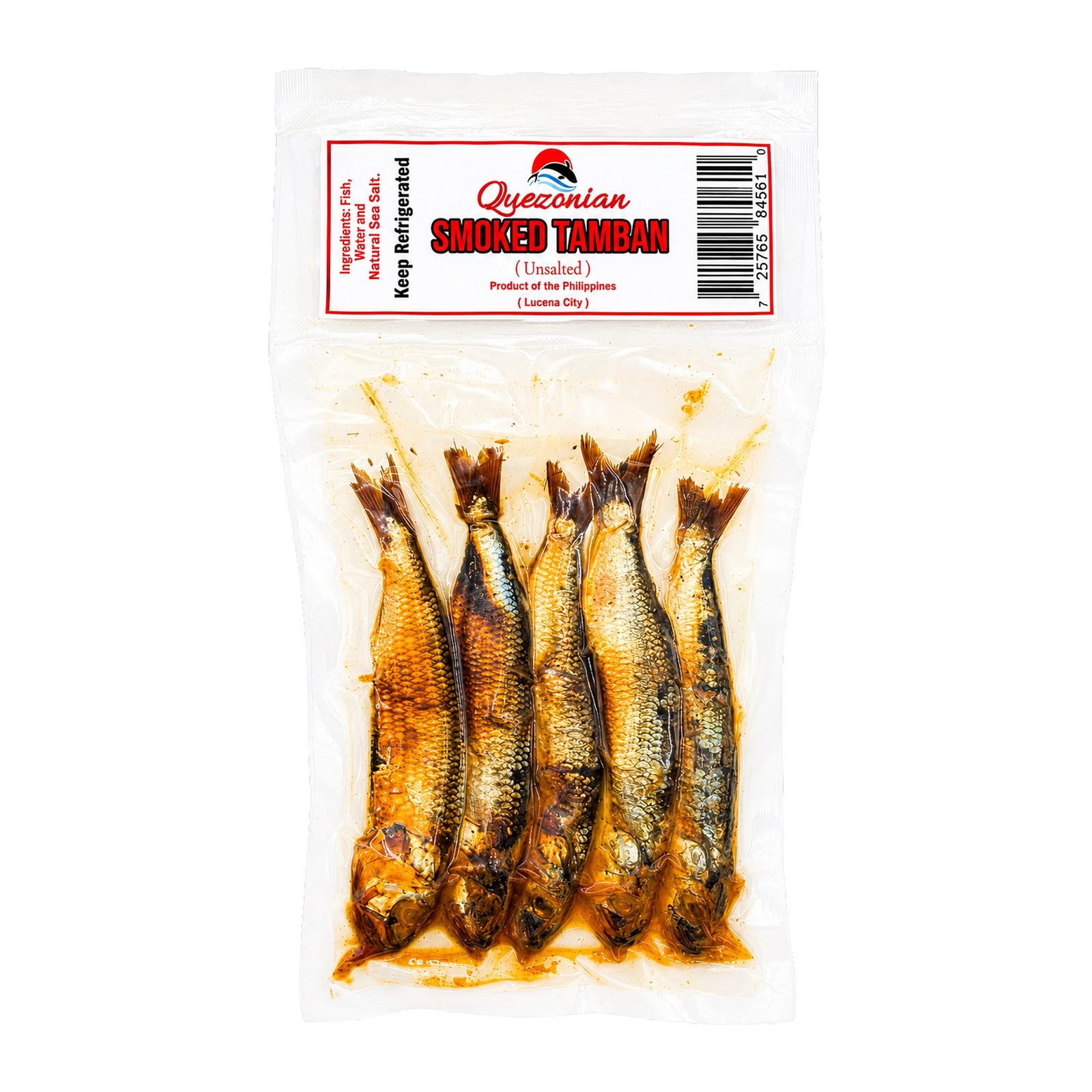 Five smoked tamban fish in a clear plastic bag with a white and red Quezonian label, on a transparent background.