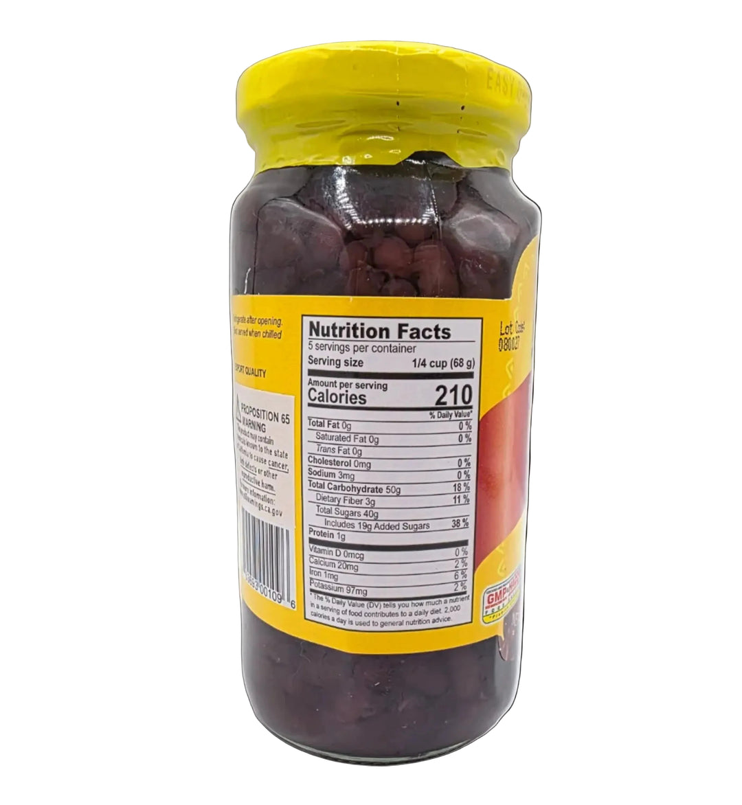 Jar of chocolate-covered treats with a yellow label on a white background
