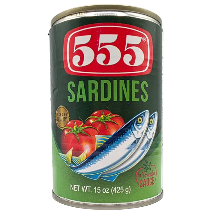 Can of 555 Sardines with tomato and fish illustration on a white background