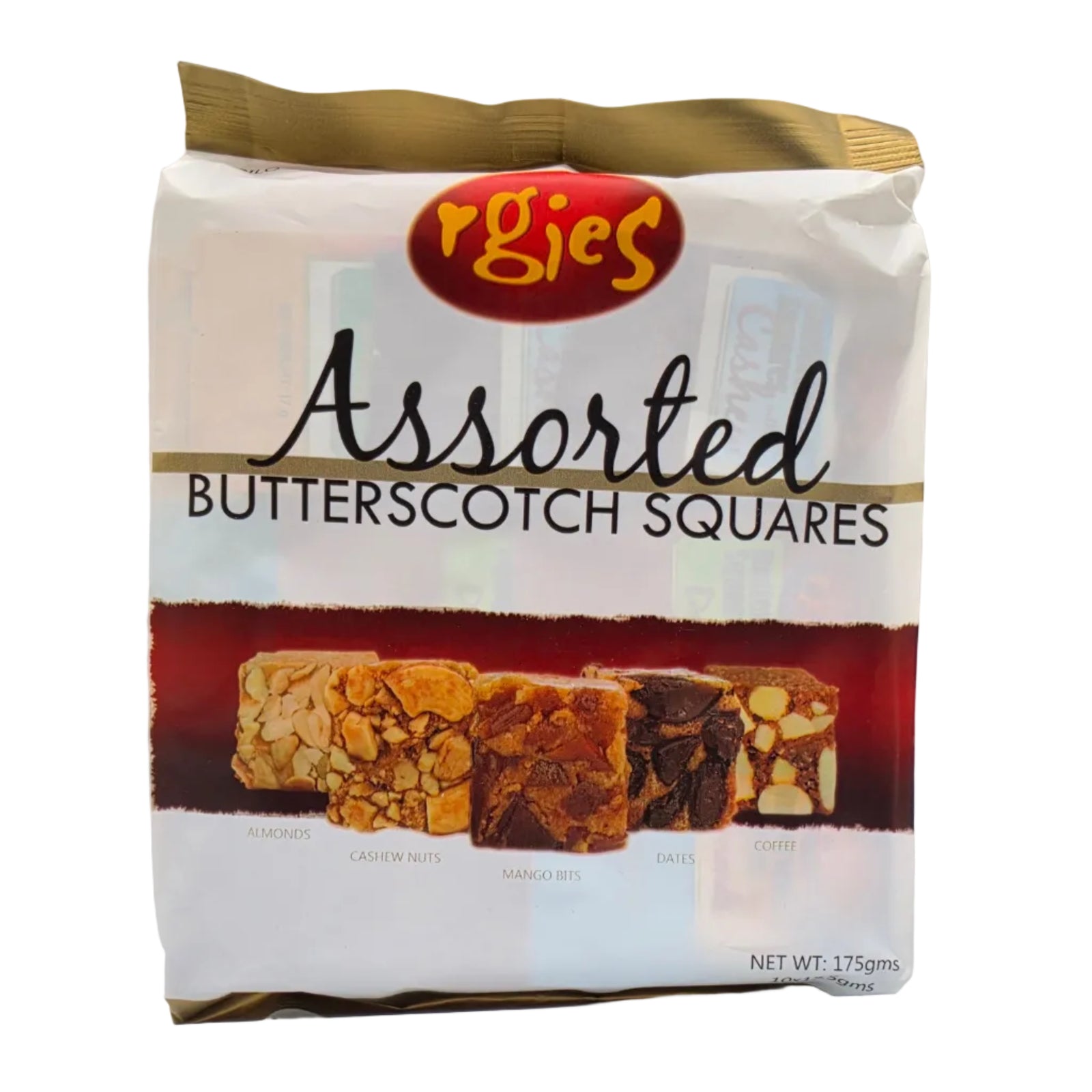 Packaged assorted butterscotch squares on a white background