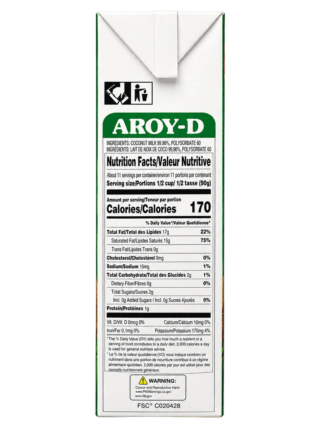 AROY-D Original Coconut Milk 33.8 fl oz (1000 mL) carton, back view showing nutrition facts, ingredients, allergen information, and product details.
