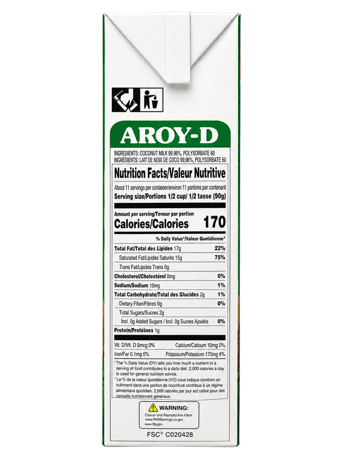 AROY-D Original Coconut Milk 33.8 fl oz (1000 mL) carton, back view showing nutrition facts, ingredients, allergen information, and product details.