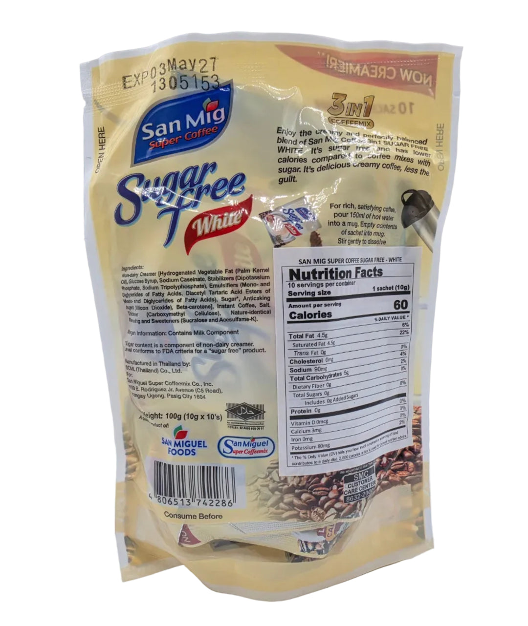 San Mig Super Coffee Sugar Free White 3-in-1 Coffee Mix- 10 Sachets
