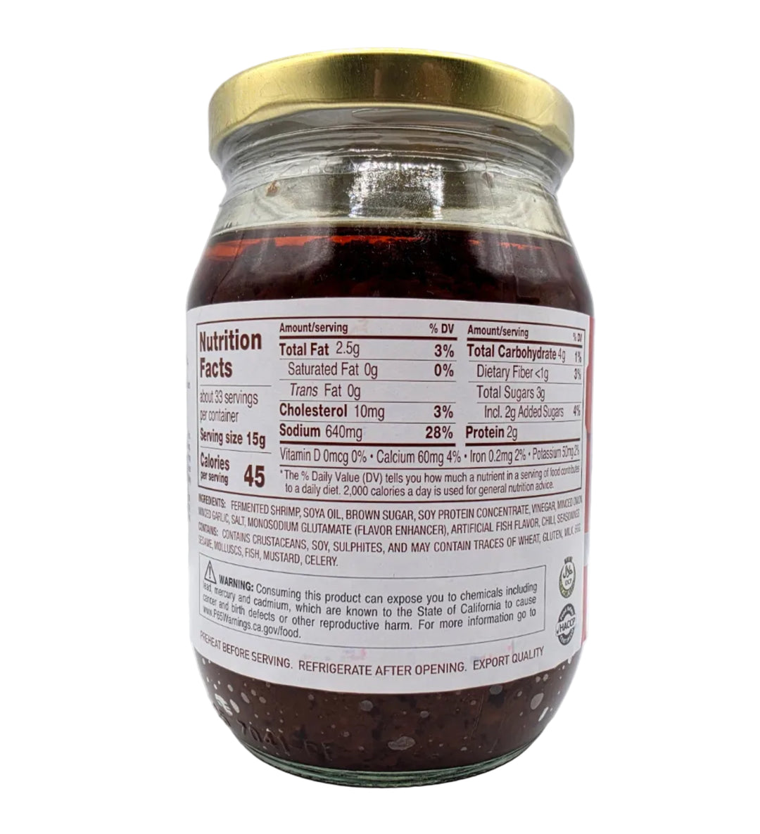 Jar of a food product with a nutrition label on a white background