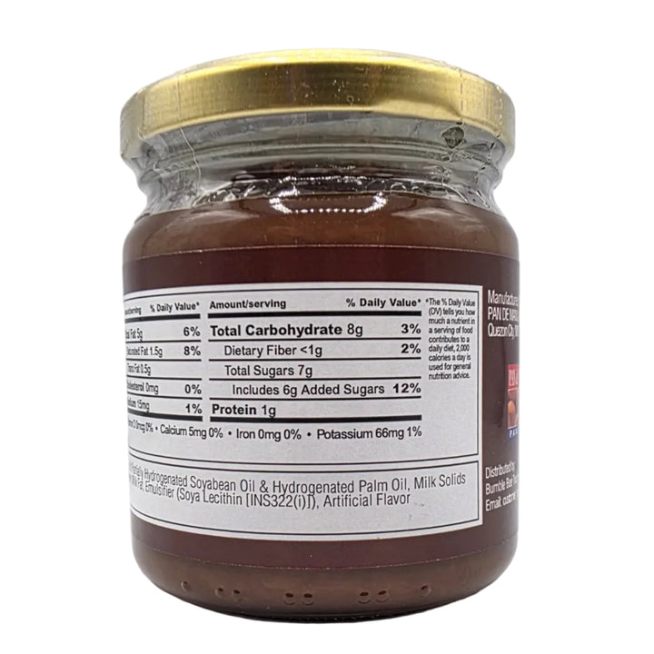Jar of chocolate spread with a label on a white background