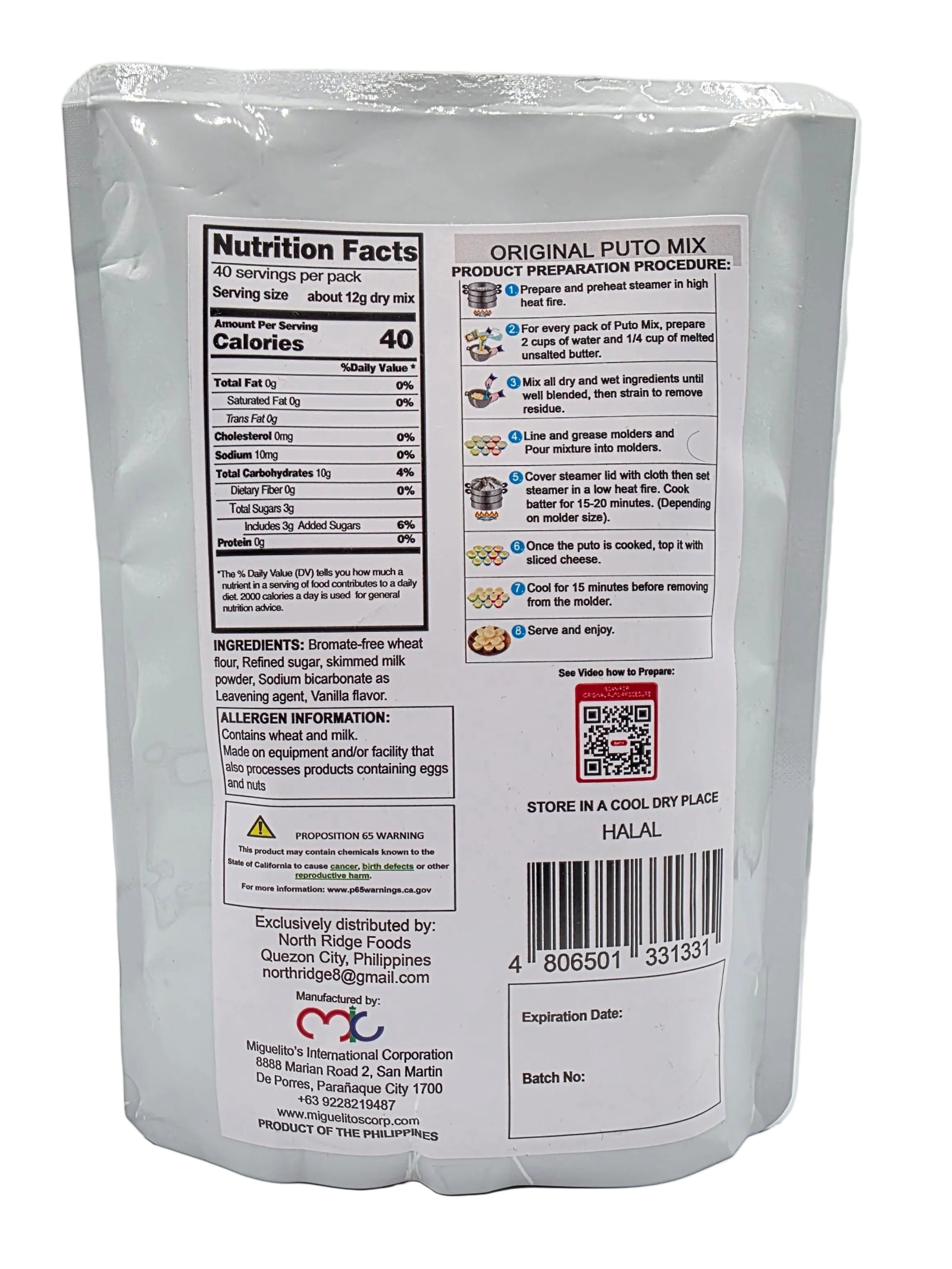 Back view of a food package with nutritional information on a white background