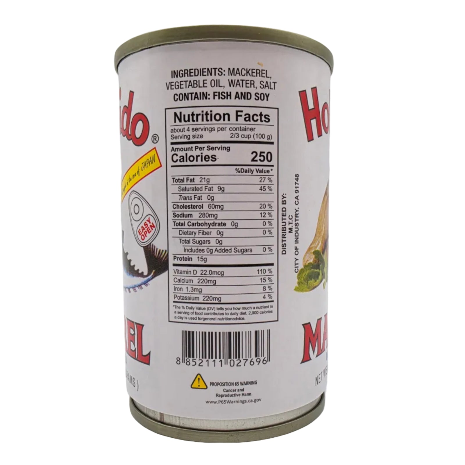 Can of Mackerel with nutritional information on a white background