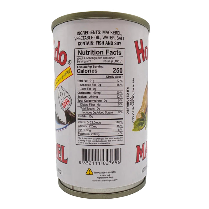 Can of Mackerel with nutritional information on a white background
