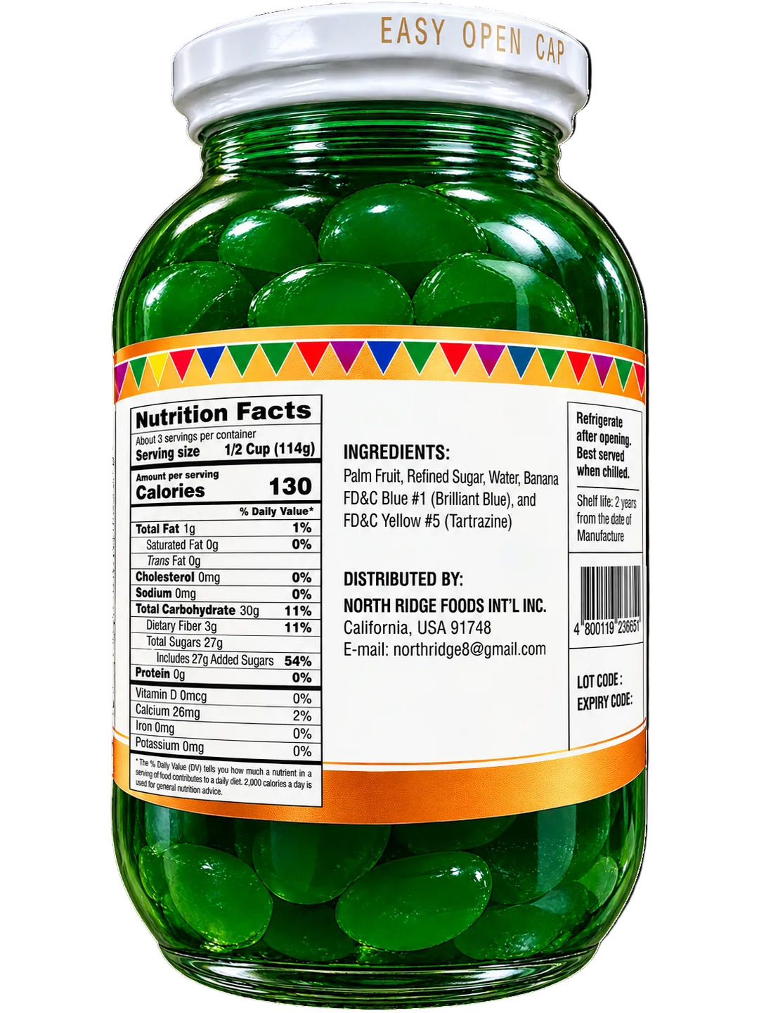 Back label of Barrio Fiesta Kaong Green Sugar Palm Fruit in Syrup glass jar, showing nutrition facts, ingredients, and distributor information. 340g (12 oz).