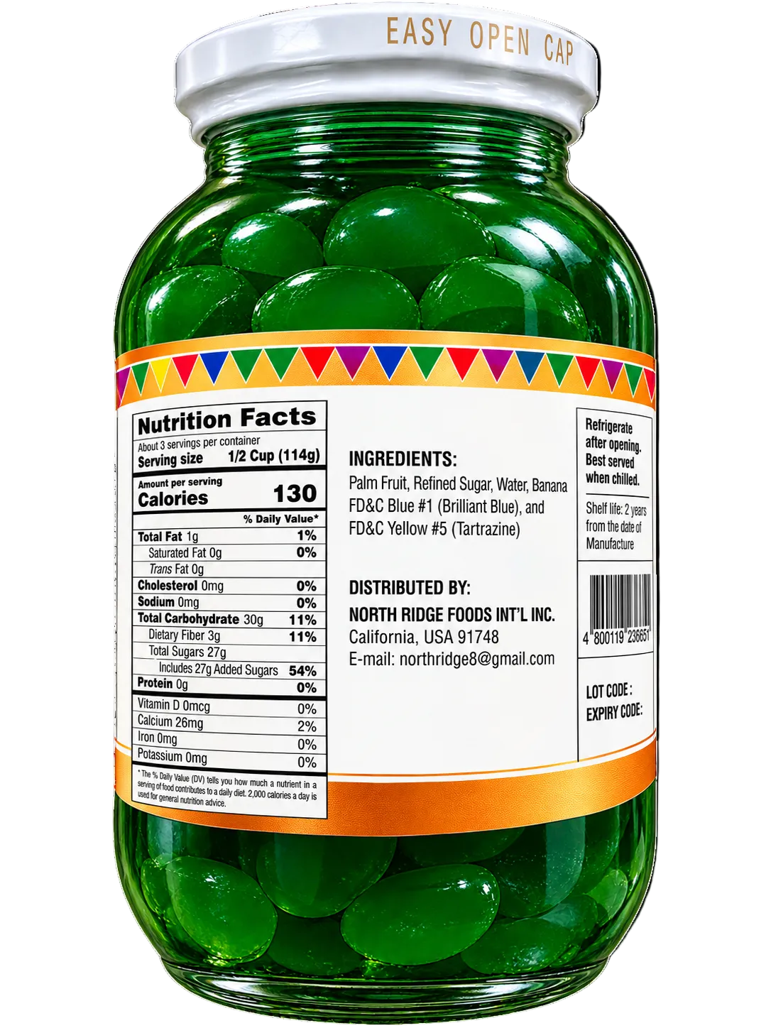Back label of Barrio Fiesta Kaong Green Sugar Palm Fruit in Syrup glass jar, showing nutrition facts, ingredients, and distributor information. 340g (12 oz).