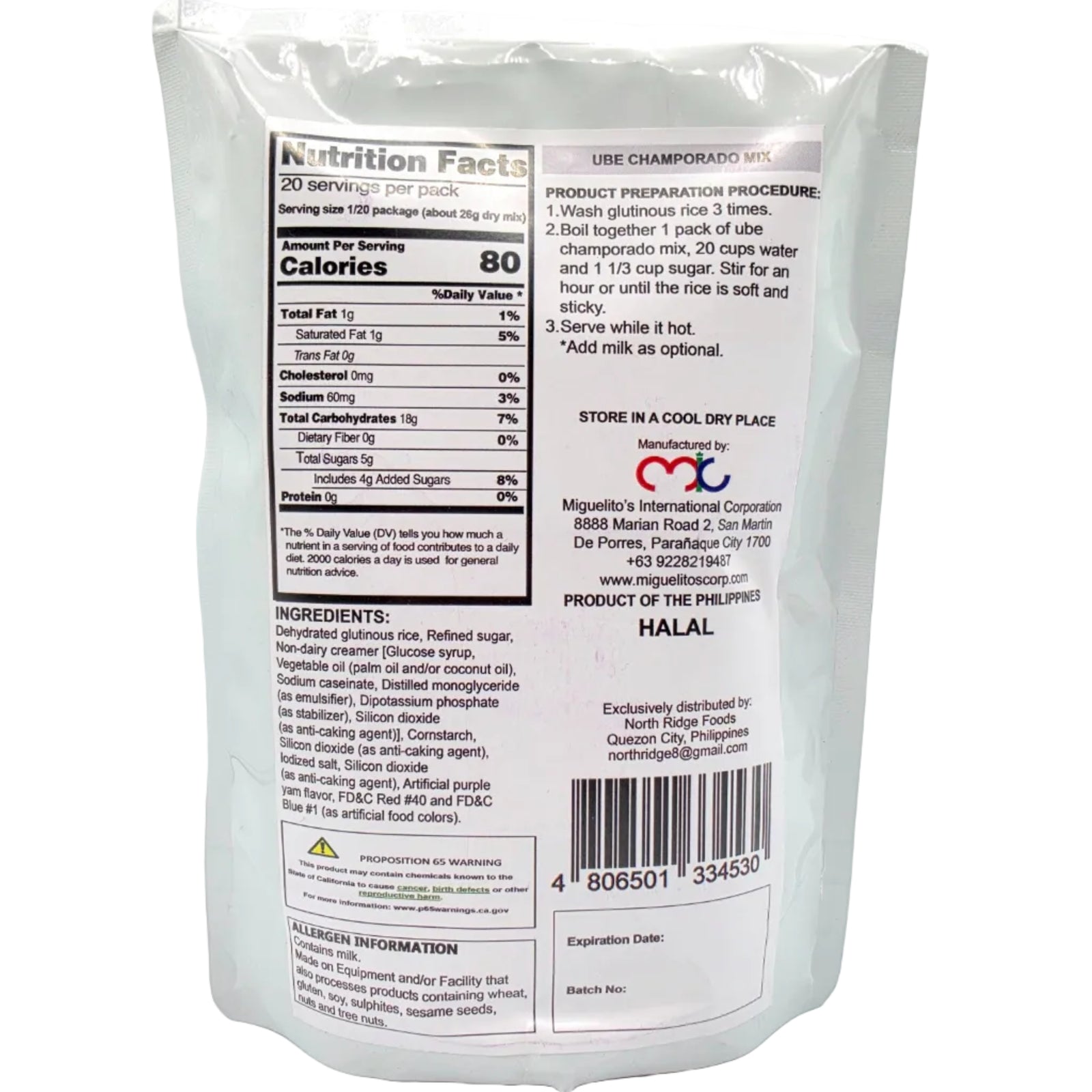 Back of a white package with nutritional information and ingredients on a white background