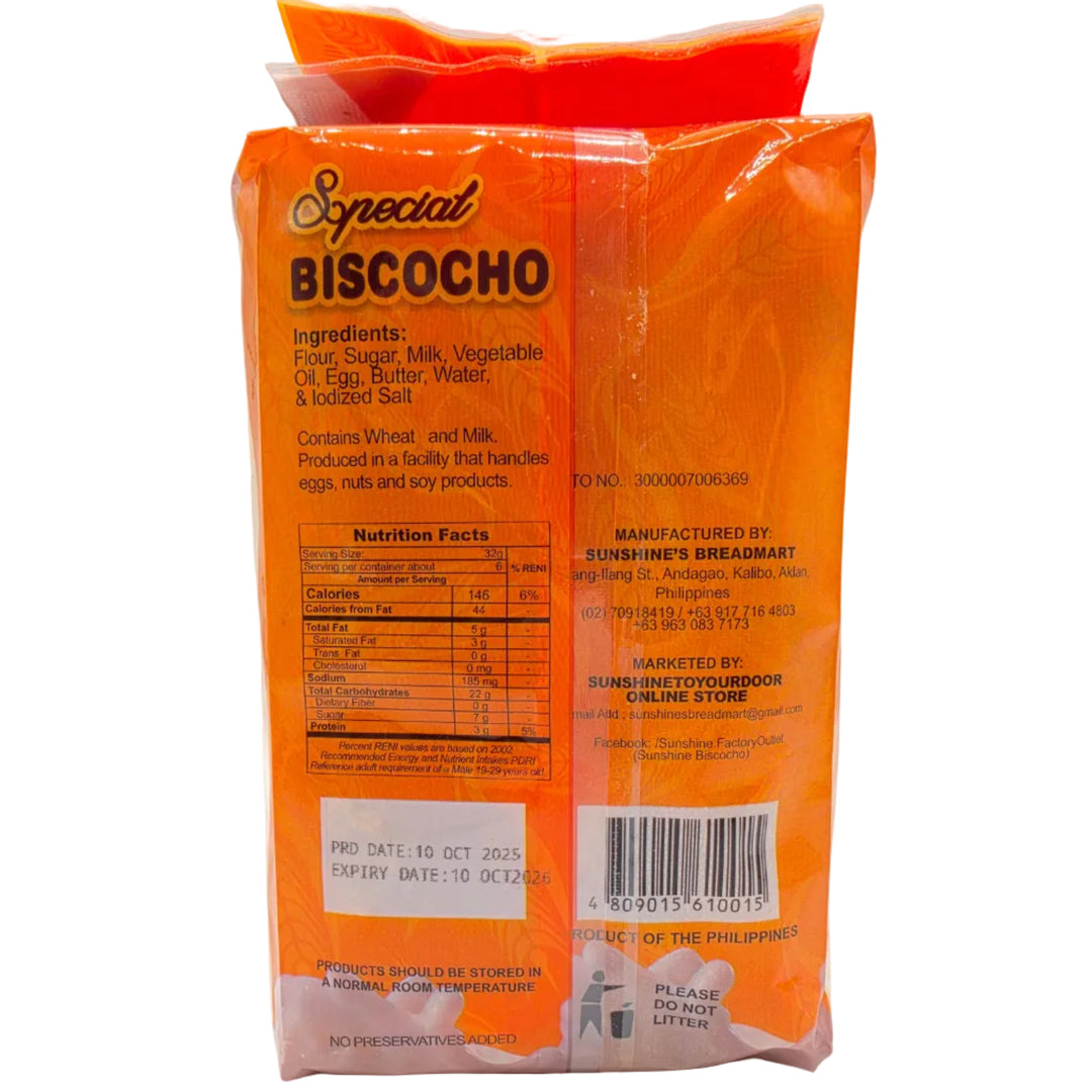 Orange snack package with 'Biscocho' branding on a white background