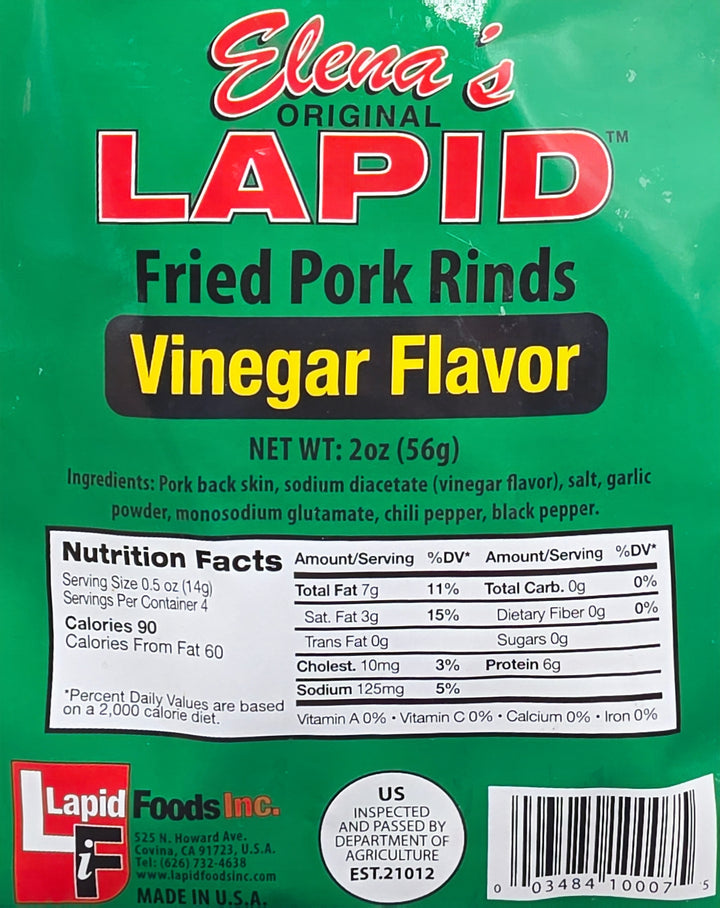 Elena's Original Lapid Fried Pork Rinds Vinegar Flavor - 2oz