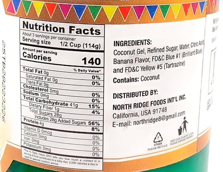 Nutrition facts label and ingredients list on a product packaging with colorful design elements.