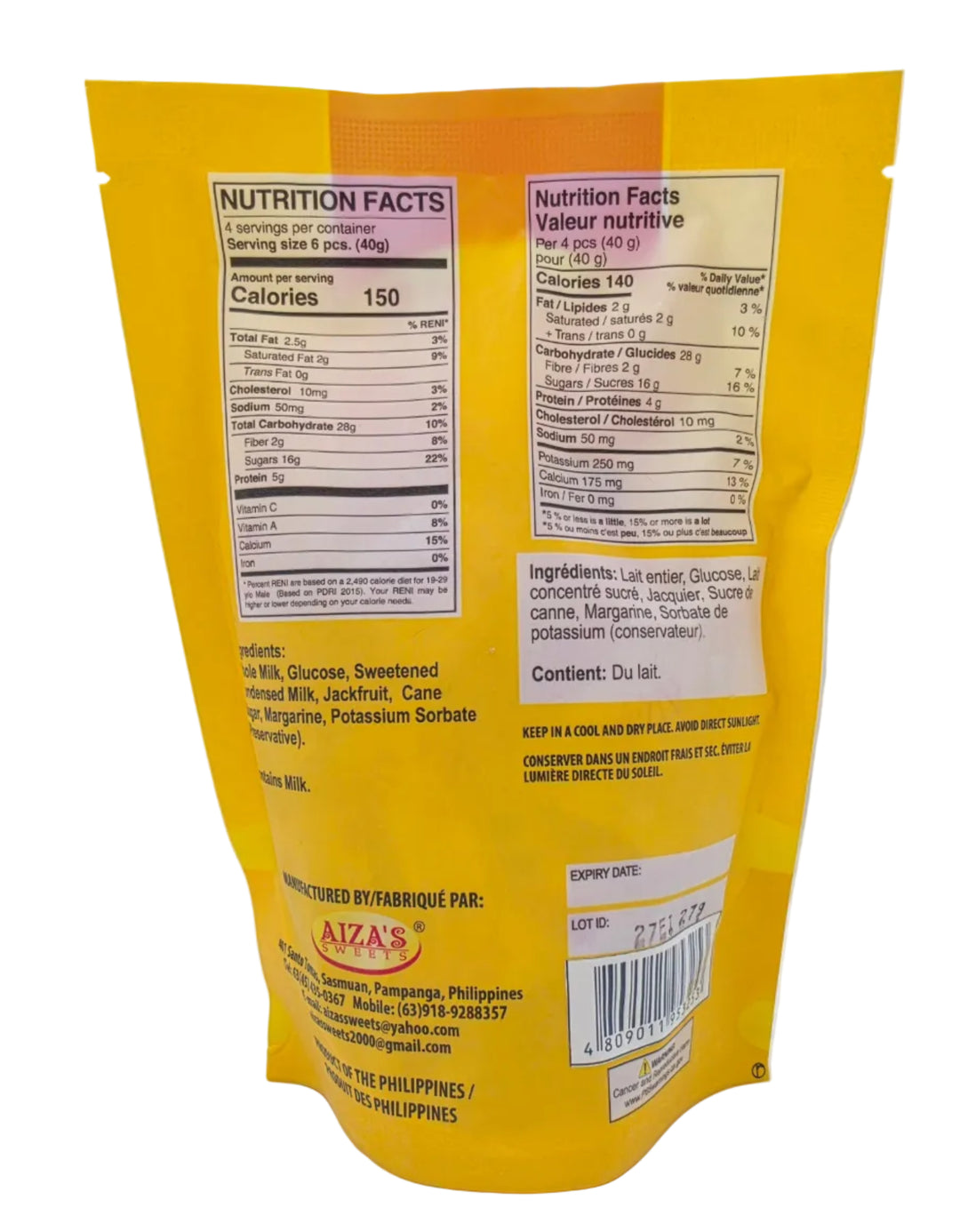 A yellow package with a red label featuring Aiza's branding on a white background