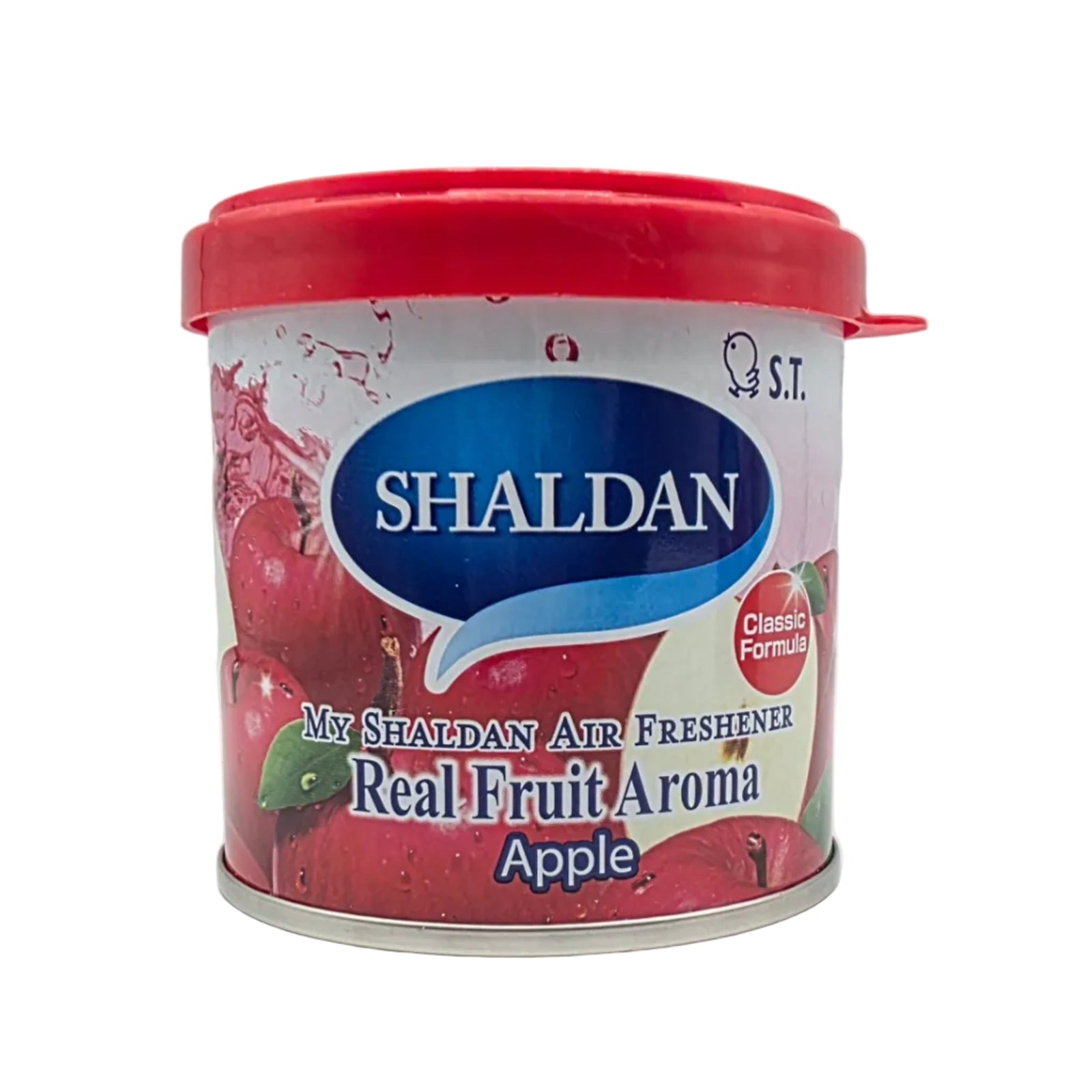 Shaldan air freshener can with red lid and apple flavor on a white background
