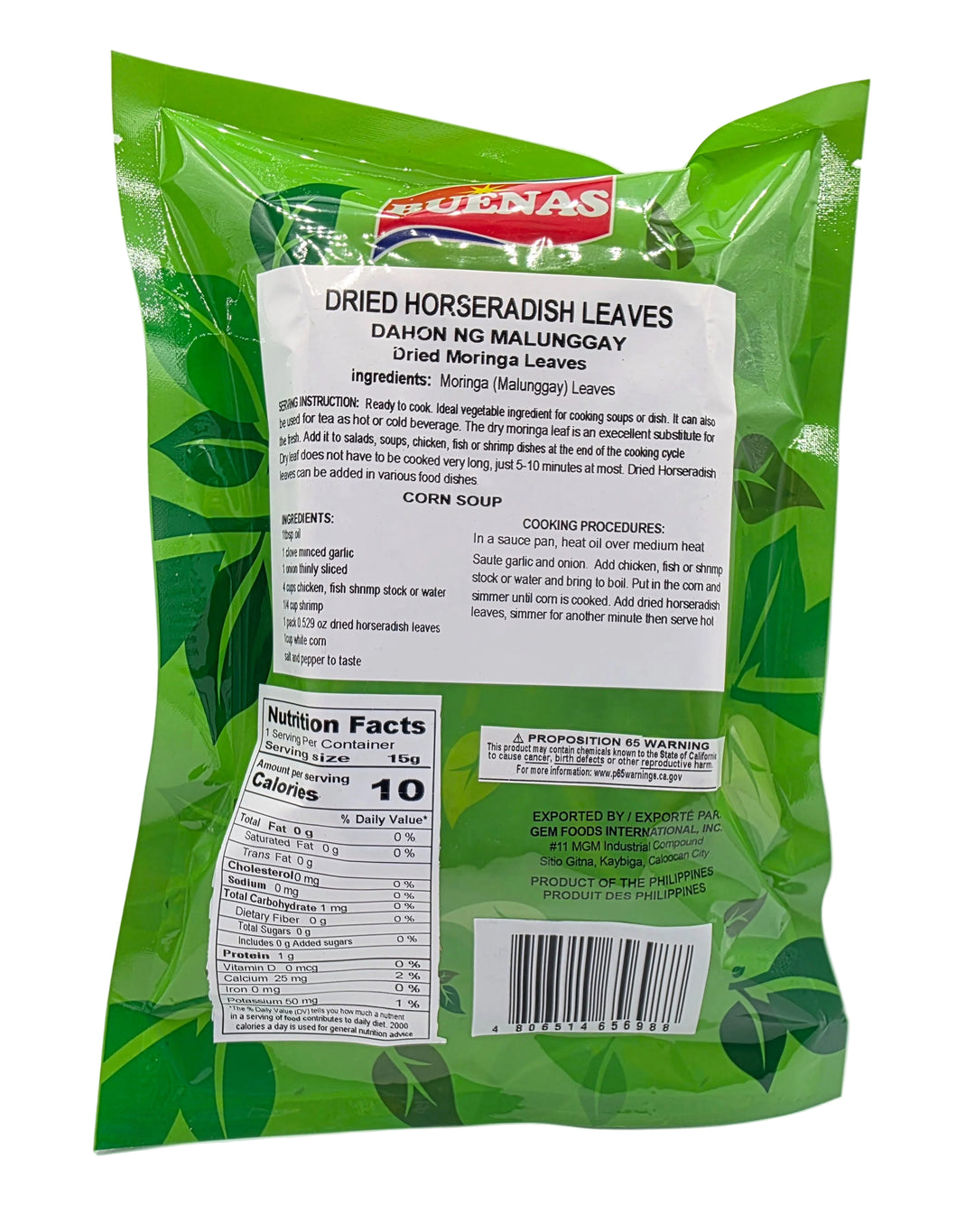 Buenas Dried Horseradish Leaves (Dahon ng Malunngay) - 15g