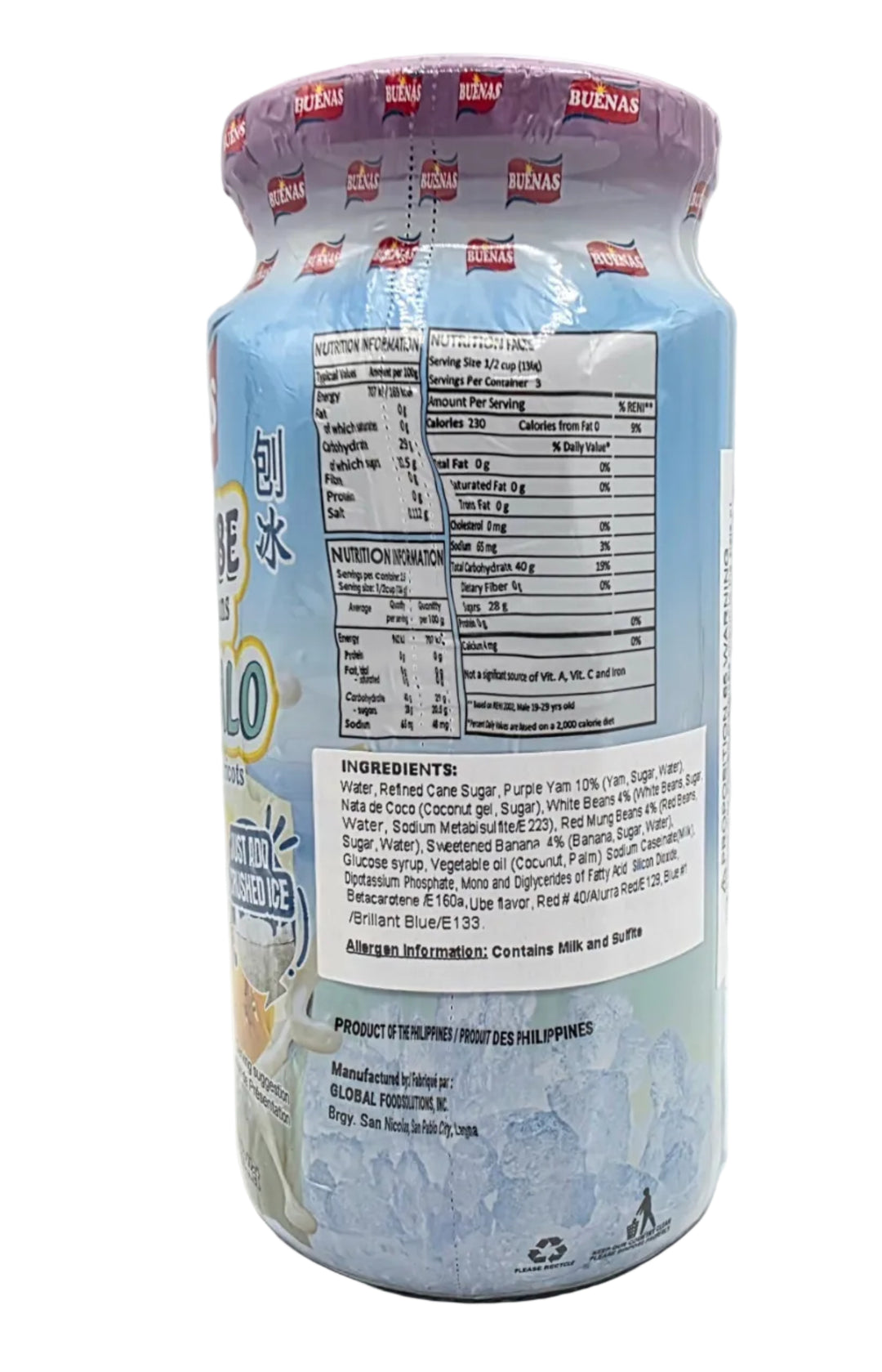 Can of Buenas Ice Cream with nutritional label on a white background