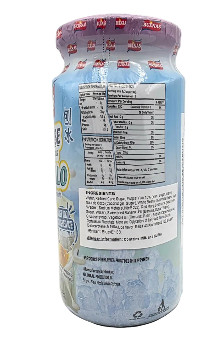 Can of Buenas Ice Cream with nutritional label on a white background