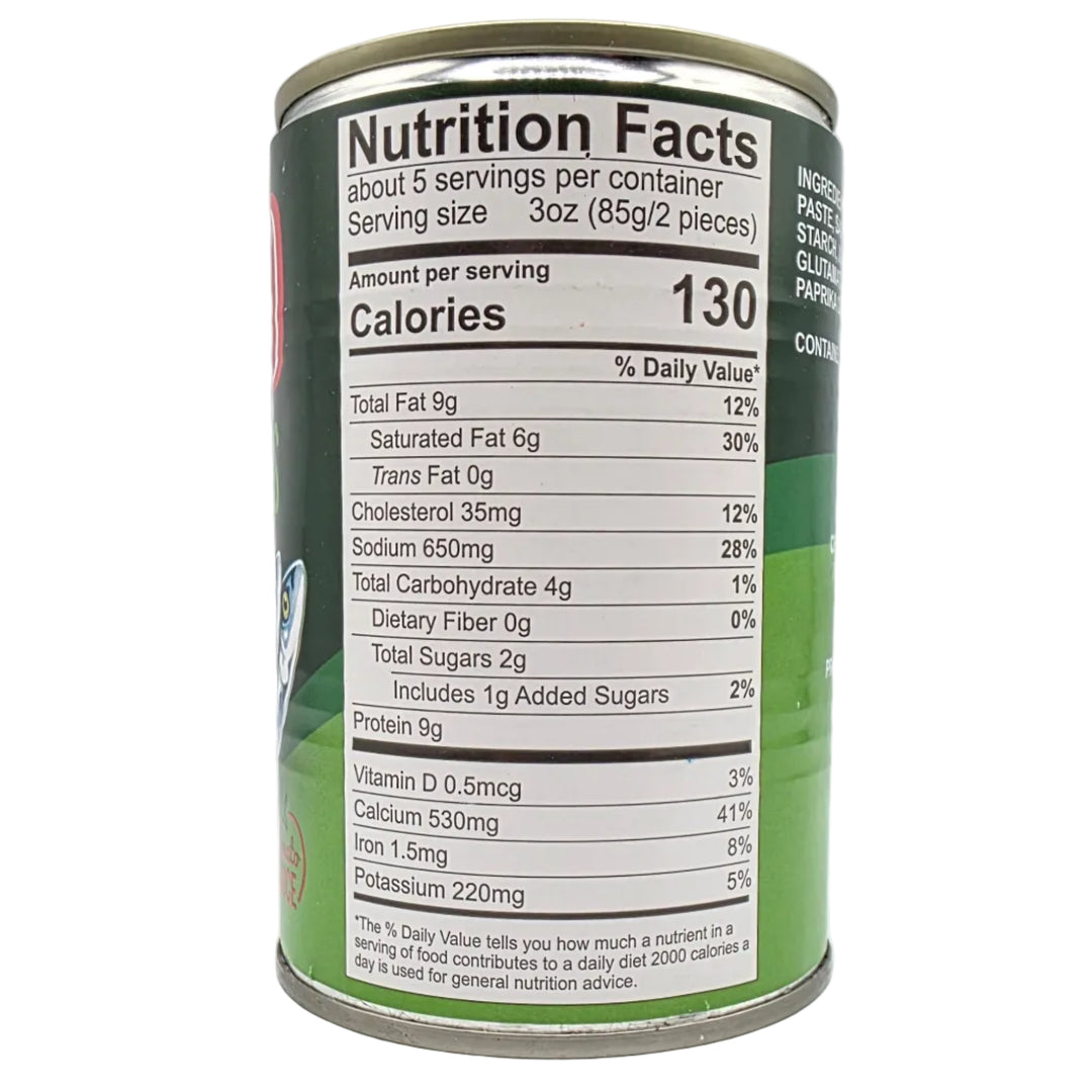Nutrition facts label on a green can with a white background