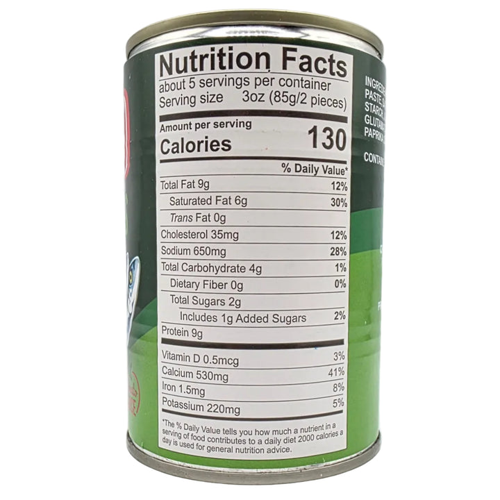 Nutrition facts label on a green can with a white background