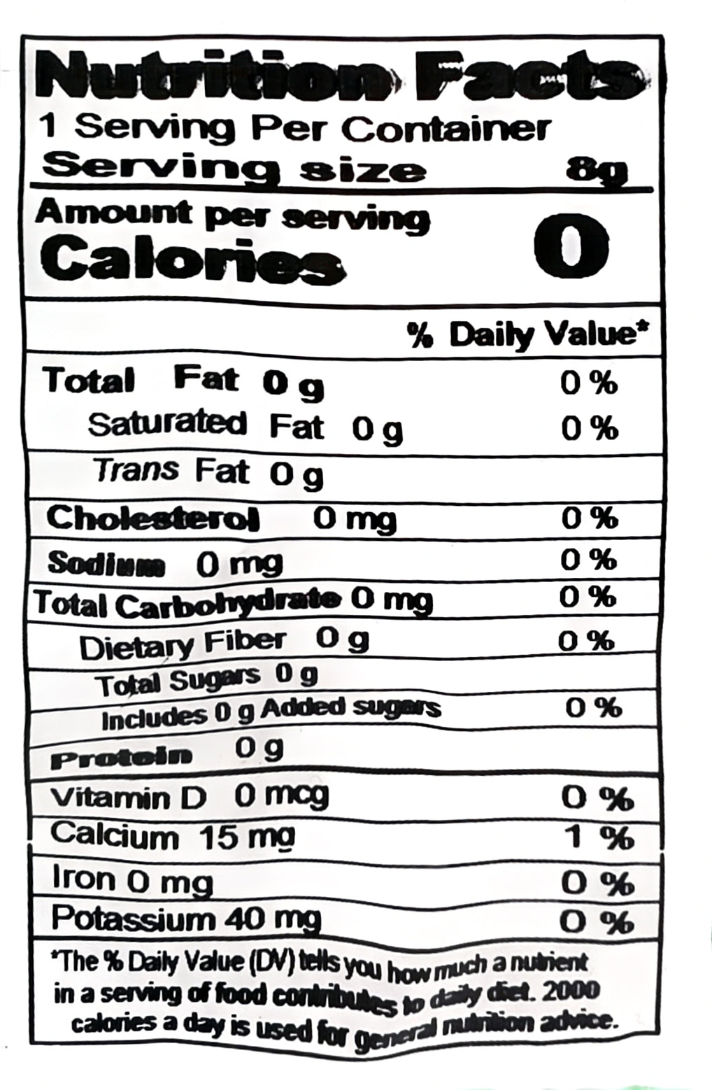 Nutrition facts label with serving size and calorie information