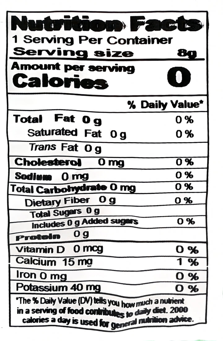 Nutrition facts label with serving size and calorie information