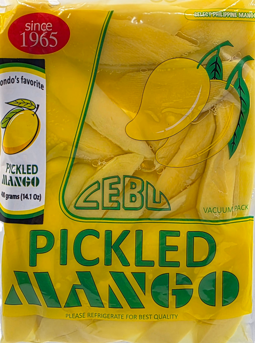 Packaged pickled mangoes with branding and product details on a yellow background