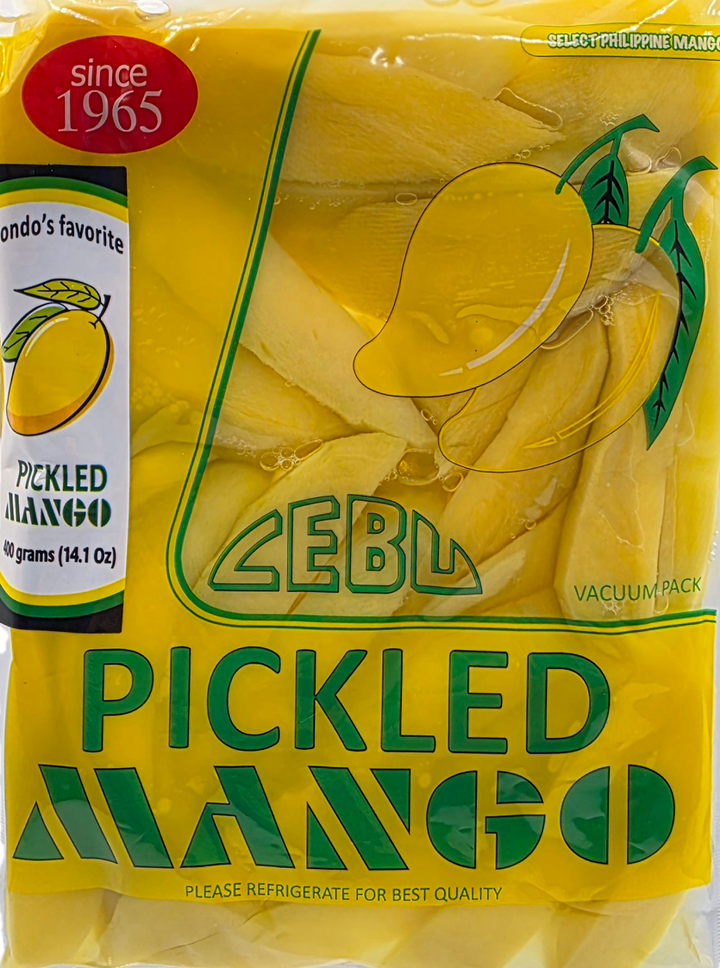 Packaged pickled mangoes with branding and product details on a yellow background