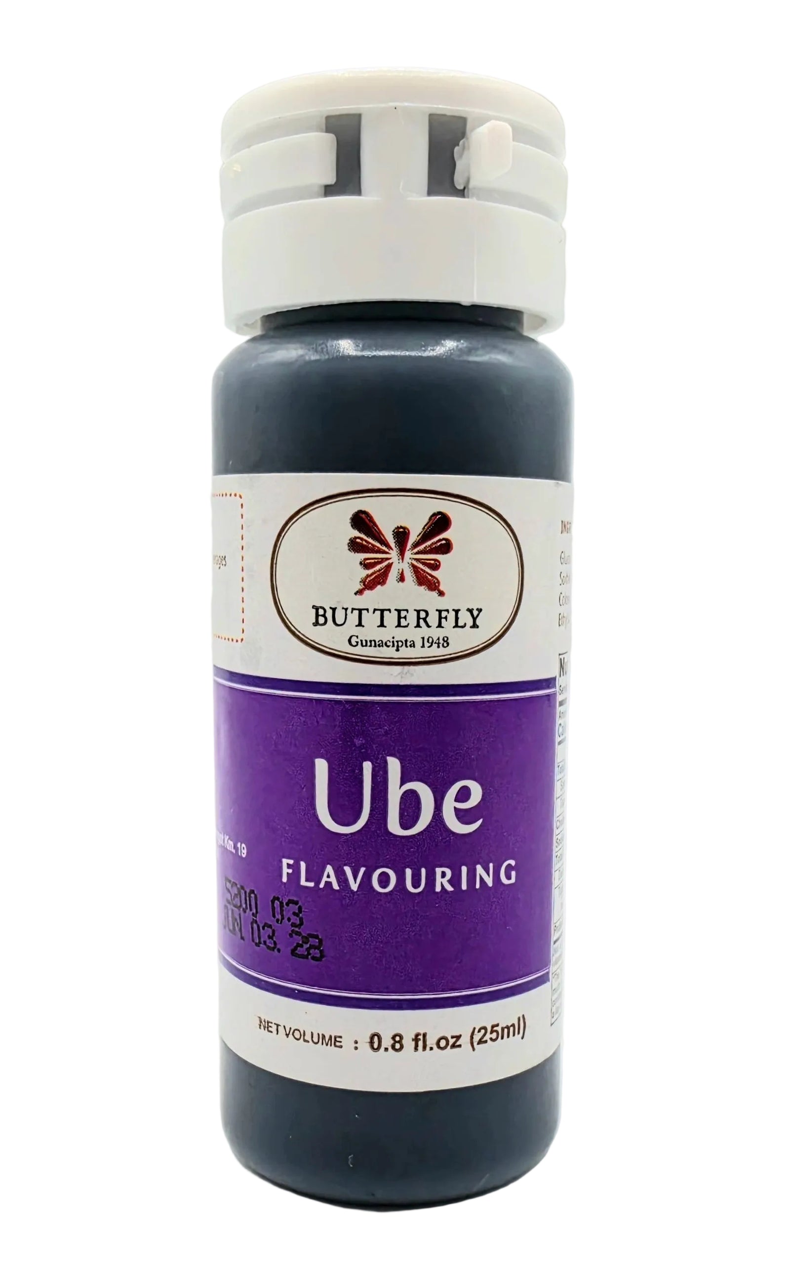 Bottle of Ube flavouring with a Butterfly brand label on a white background
