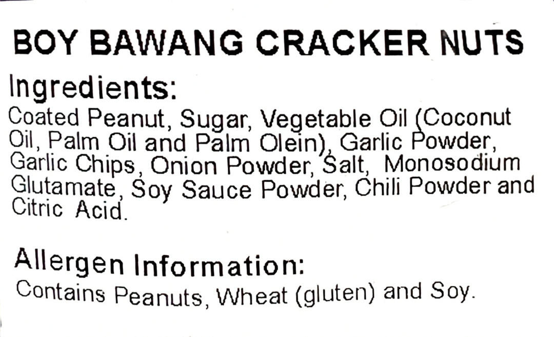 Ingredients and allergen information label for Boy Bawang Cracker Nuts.