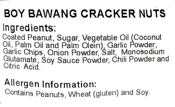 Ingredients and allergen information label for Boy Bawang Cracker Nuts.