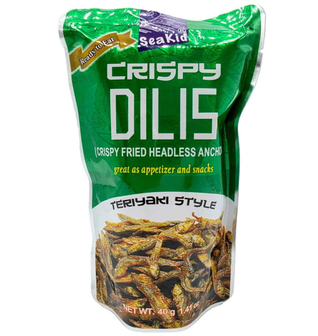 Green package of Crispy Dilis with Teriyaki Style on a white background