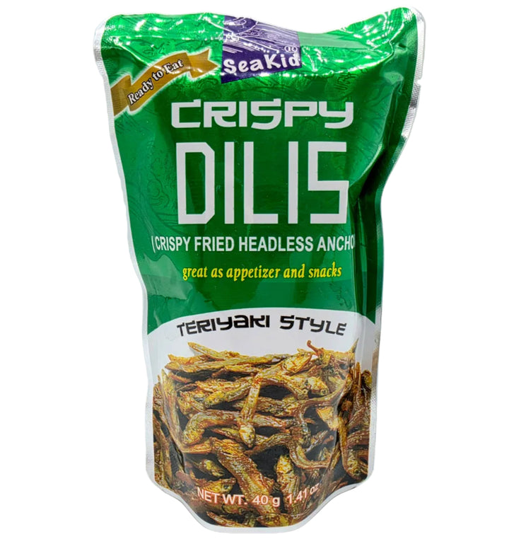 Green package of Crispy Dilis with Teriyaki Style on a white background