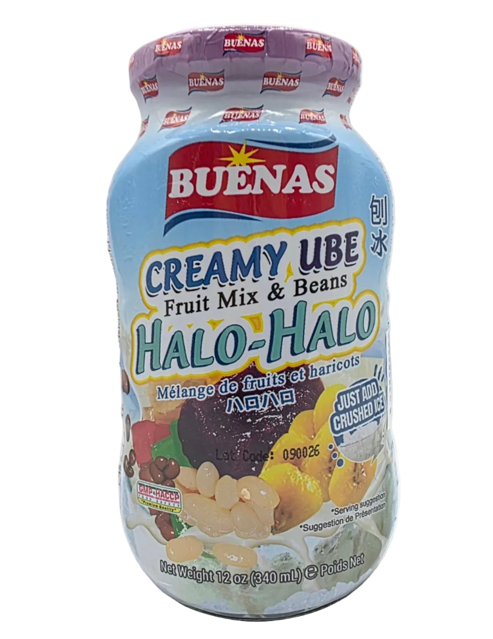 Jar of Buenas Creamy Ube Halo-Halo fruit mix and beans on a white background