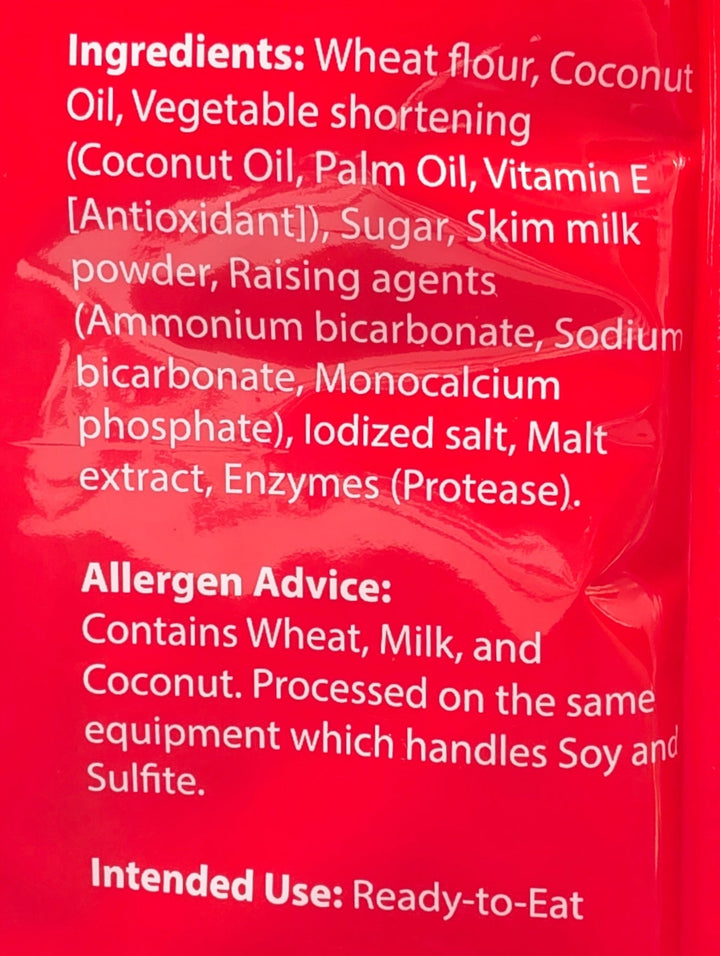 Red ingredient label with white text on a red background