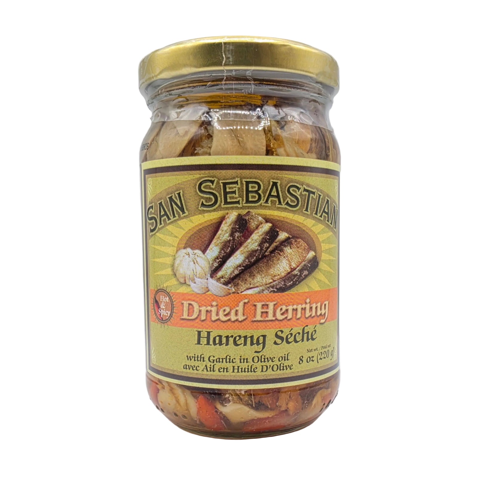 Jar of San Sebastian Dried Herring on a white background