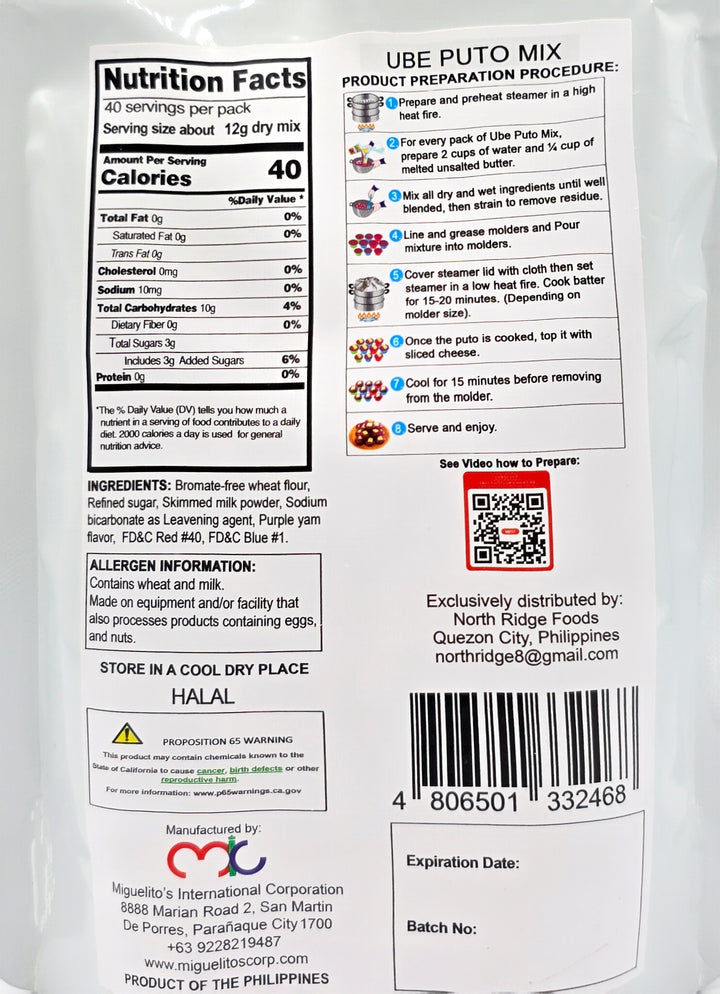 Miguelitos Ube Puto Mix Purple Yam Steamed Rice Cake Mix - 500g